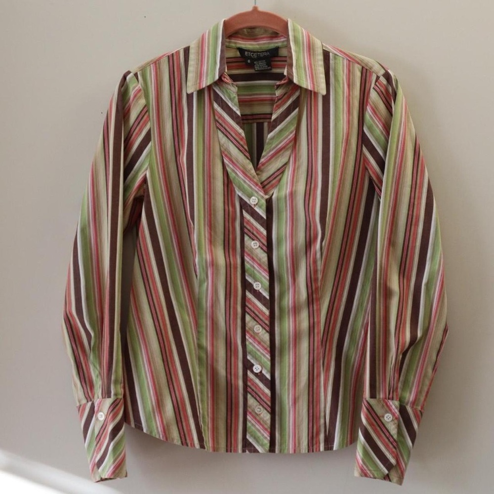 Patterned multi colored stripe button down Etcetera y2k boho pink green business